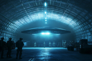 A UFO inside a restricted military base, guarded by soldiers and surrounded by classified equipment, creating an intense atmosphere of secrecy and mystery.

