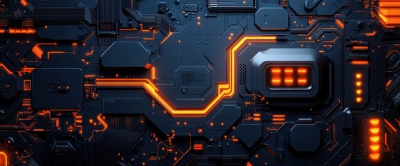 Fototapeta premium Abstract Circuit Board with Glowing Orange Lines