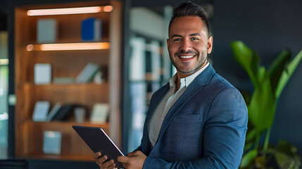 Fototapeta premium Smiling professional young Latin business man holding a digital tablet, standing in an office.
