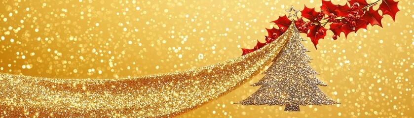 A clean cover with A festive golden background featuring a sparkling tree adorned with red holly leaves, perfect for Christmas celebrations.