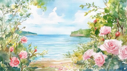 Watercolor painting of coastal scene with pink roses.