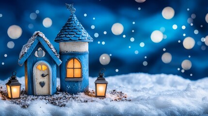 A couple of small blue houses sitting on top of a snow covered ground