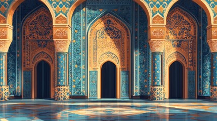 Obraz premium Ornate palace courtyard with arched entryways, intricate tilework, and sunlit floor.