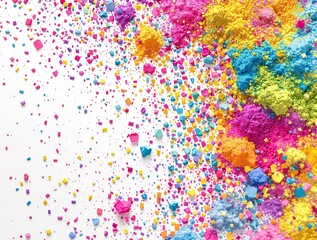 Close-up of colorful powder powder scattered on a white background with colorful confetti , vibrant colors, bright confetti, close-up powder