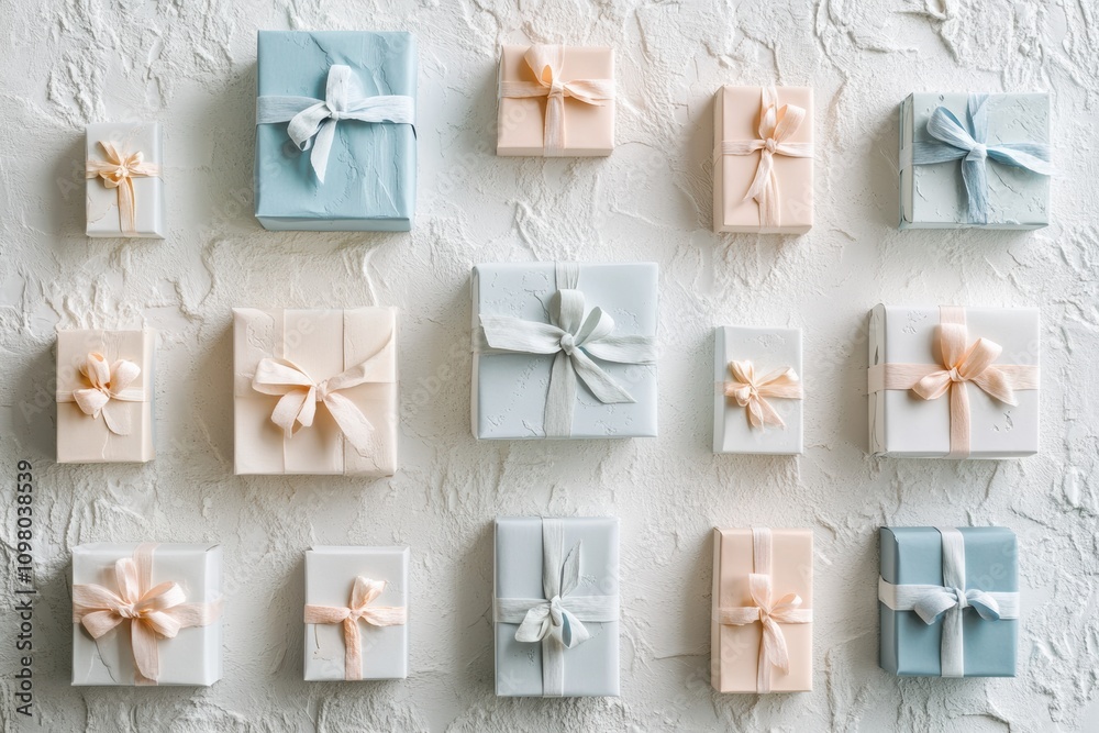 Aufkleber Elegant handcrafted paper gift boxes in soft pastels are beautifully arranged with coordinating ribbons on a textured white surface. Generative AI