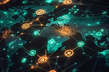Obraz premium A glowing digital world map with red warning symbols indicating cyberattacks, representing global cybersecurity challenges and risks. 
