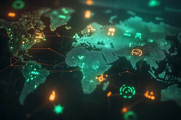Obraz premium A glowing digital world map with red warning symbols indicating cyberattacks, representing global cybersecurity challenges and risks. 