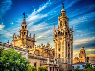 Fototapeta premium Vintage Style Photography of the Giralda Tower in Seville, Capturing the Architectural Beauty and Historical Significance of This Iconic Landmark Under a Clear Blue Sky