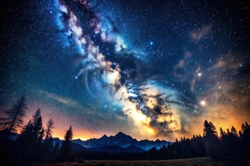 Naklejka premium Vintage Style Photography of the Milky Way: Capturing the Majestic Night Sky Filled with Stars in a Natural Composition of the Dark Sky at Night