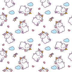 Fototapeta premium Unicorn cartoon so cute. On cloud heart star rainbow white background. Pattern seamless vector illustration. 