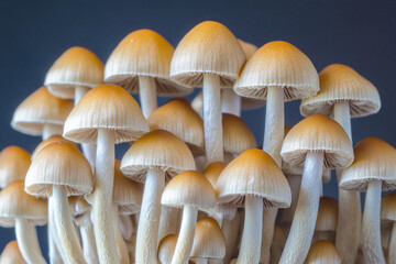 Clusters of golden mushrooms with delicate caps growing closely together in a natural setting under soft light