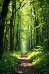 Obraz premium Path in green spring beech forest, beautiful natural tunnel