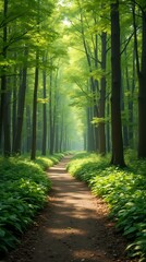 Fototapeta premium Path in green spring beech forest, beautiful natural tunnel