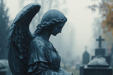 Marble statue of grieving angel, memorial monument slab on sunny cemetery background. Backdrop template of sadness, hope, religious architecture for death ceremony and funeral services copyspace
