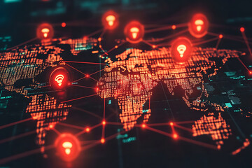 Obraz premium A glowing digital world map with red warning symbols indicating cyberattacks, representing global cybersecurity challenges and risks. 