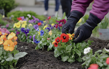Fototapeta premium Hands adorned with gloves carefully plant vibrant pansies in rich, fertile soil during springtime
