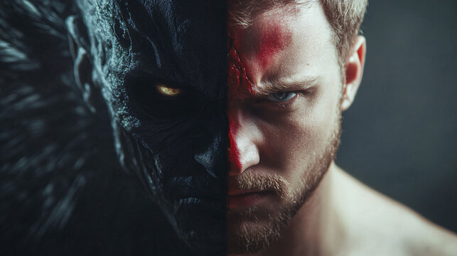 Half human face transforming into a scary dark monster with glowing eyes, depicting inner demons and hidden rage