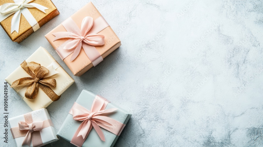 Fototapete Handcrafted paper gift boxes in various sizes with pastel ribbons are neatly arranged on a soft, textured surface, creating a charming display. Generative AI