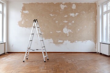 Renovation of an empty room with a ladder positioned against a partially painted wall