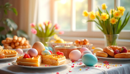 Obraz premium Elegant Easter breakfast waffles, Summer Blooms Pink peony bouquet and daffodils