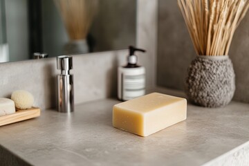 Simple beige soap bar on a modern bathroom countertop with decor and accessories in a minimalist setting