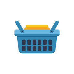 Simple icon of a blue shopping basket full of yellow goods, depicting the concept of online shopping and commerce