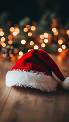 A minimalist photograph of a Santa Claus hat resting on a wooden table with soft warm lighting and subtle New Year decorations, creating a cozy festive atmosphere.
