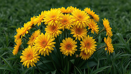 Group of yellow chrysanthemum blossoms in a garden bed, bloom, group, garden, flowers, chrysanthemum