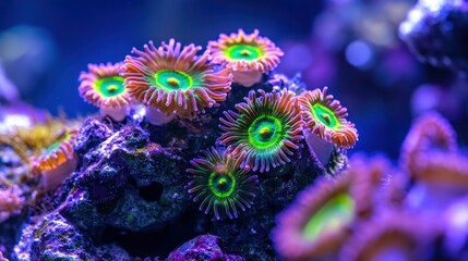 Obraz premium Close-up of coral polyps with intricate textures and neon colors, gentle ocean currents flowing through 