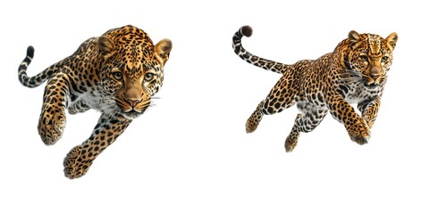 Naklejka premium Leaping leopards in motion wildlife sanctuary animal photography natural habitat close-up dynamic behavior