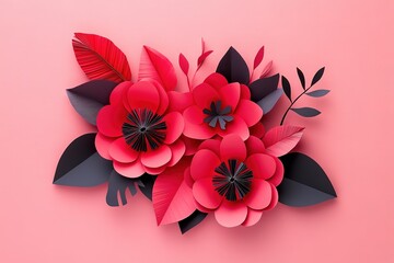 Obraz premium Flower and leaves made of paper on a pink background. Handwork, favorite hobby. Birthday and Valentine's Day 