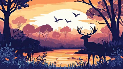 Silhouettes of Deer and Birds at Sunset by a Still Pond