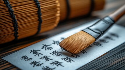 A close-up of a calligraphy brush gliding over rice paper, creating elegant strokes of ink Witness the artistry of East Asian calligraphy, showcasing the precision and fluidity of the brushstrokes on