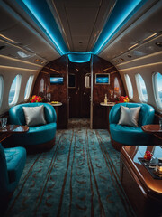 Fototapeta premium a private jet experience designed for a luxury traveler, emphasizing comfort, dining, and onboard entertainment.