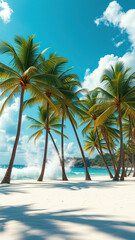 Obraz premium Ocean waves crashing against the shore with palm trees and a sunny sky in the background, water, clouds, wave