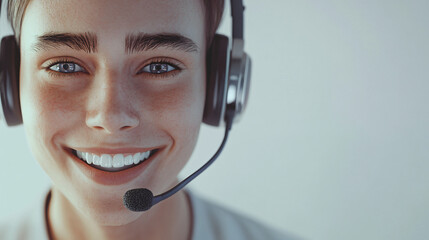 Smiling customer service representative wearing a headset and offering friendly assistance and support