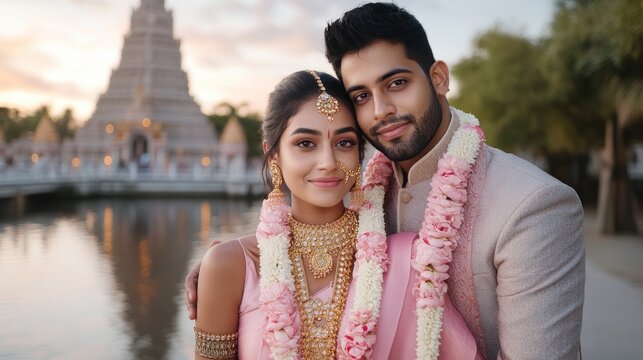 A stunning couple, adorned in traditional South Asian wedding attire, pose lovingly beside a majestic historical temple, celebrating their heritage, unity, and the enduring strength of their love