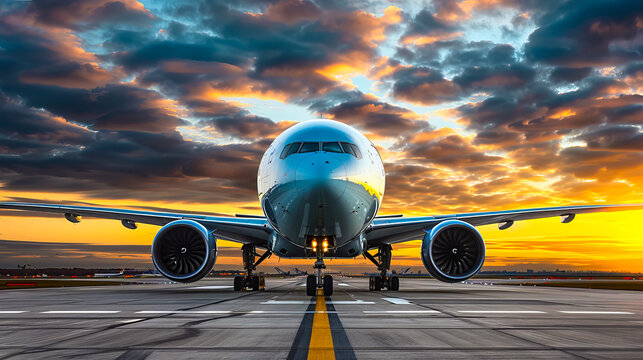 A commercial airplane at the runway during sunset, highlighting its large size and vibrant surroundings.