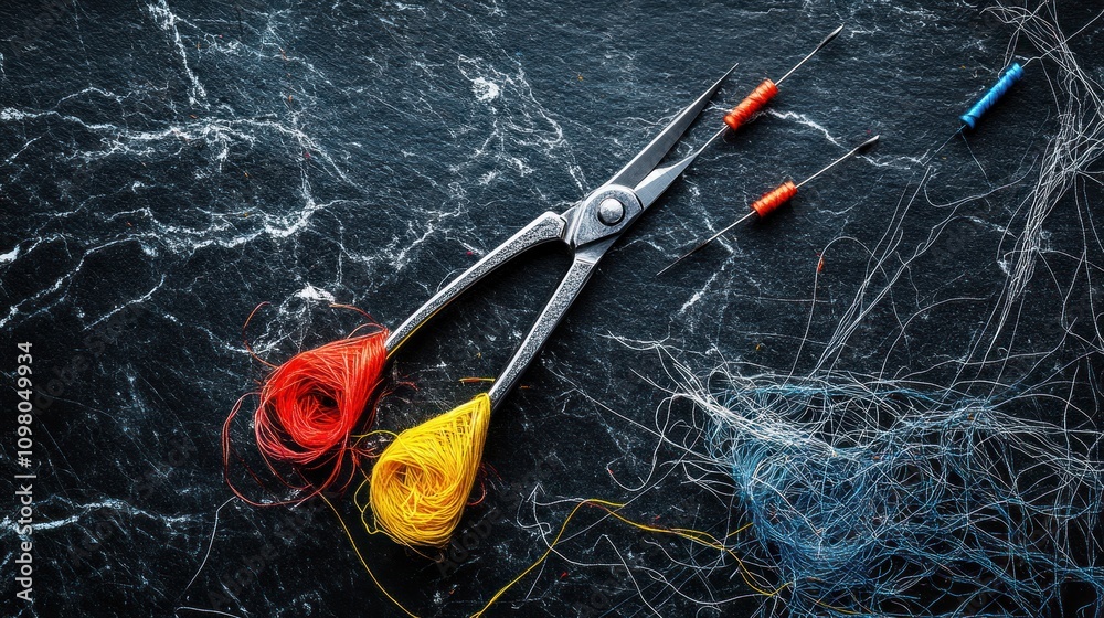 Poster Colorful Threads Scissors Needles And Spools On Dark Surface