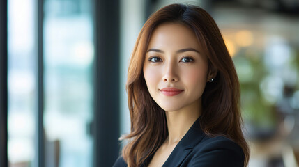 Naklejka premium Confident and professional successful businesswoman standing in modern office building, smiling with arms crossed in portrait