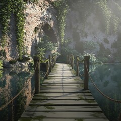 Fototapeta premium Old stone brick wall with a wooden bridge and serene lake, countryside scenery, natural beauty, old brick wall, peaceful atmosphere, serene lake