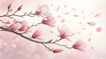 Fototapeta premium Beautiful magnolia blossoms on a branch with falling petals and soft pink background