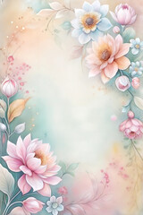 Obraz premium Soft floral frame with blooming flowers on a pastel background and copy space