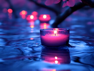 Romantic setup featuring colorful candle arrangements casting soft glows on a white backdrop 