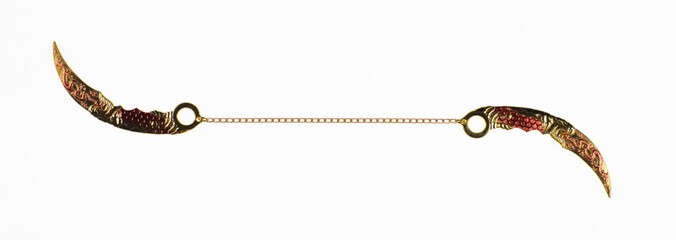 sharp ninja blades on chain isolated on white background © serikbaib