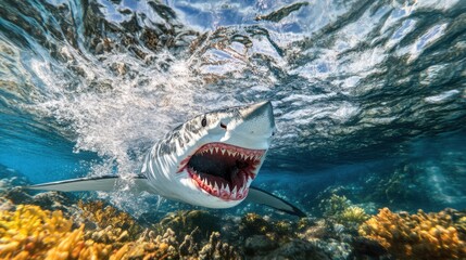 Fototapeta premium Shark attack. Ocean predator, shark bite, wild animal, teeth danger, predator attack, ocean animal, underwater attack, bite attack, dangerous shark.