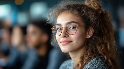 Young woman with curly hair and glasses smiling, sitting among diverse group of people in a modern indoor setting, natural light and soft focus, candid expression