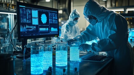 High-Tech Production Line, workers in protective gear focus on quality control, surrounded by advanced instruments, computers with data, and glass containers with blue liquid.