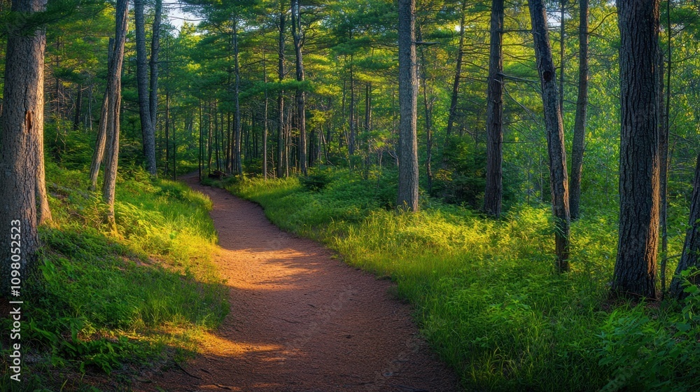 Poster Sunlit Forest Path Winding Through Lush Green Trees