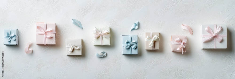 Poster a collection of handcrafted paper gift boxes in pastel colors, elegantly tied with delicate ribbons,